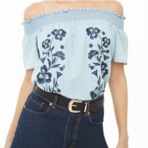 Love Tree Size Medium Chambray Off Shoulder Embroidered Top Denim Cotton Tencel